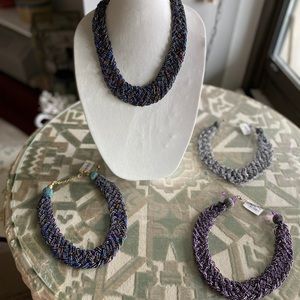 Collar style beaded braided necklaces.